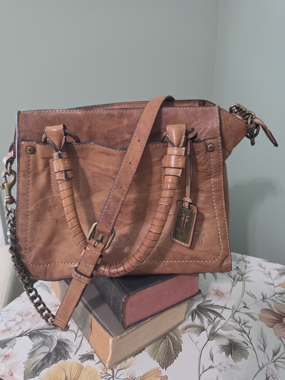 Tan Leather Structured Shoulder Bag with Chain Strap- Frye